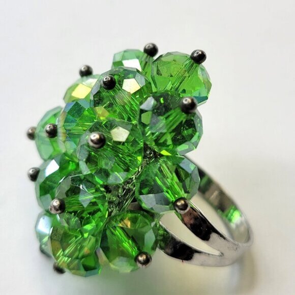 Green Crystal Cluster Ring, Adjustable Crystal Ring,  Statement Crystal Ring - Picture 7 of 9